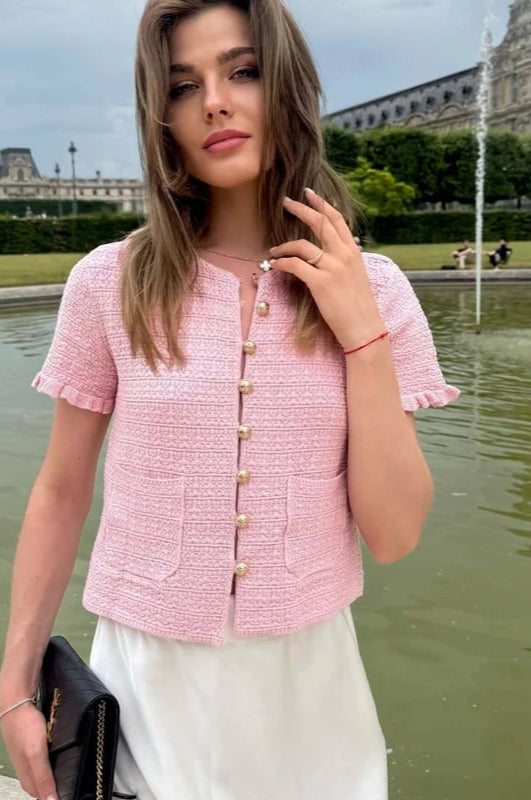 Elegant Knitted Short Sleeve Cropped Cardigan Pink / S Main image