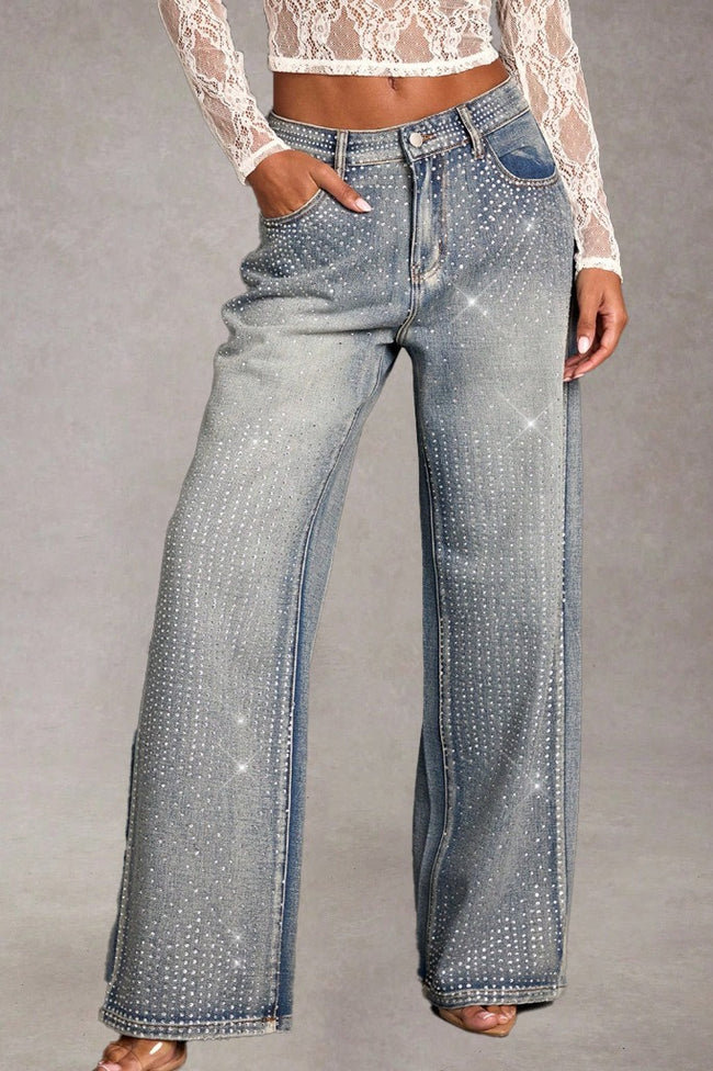 Full Rhinestone High Waist Wide Leg Denim Jeans Main image