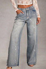 Full Rhinestone High Waist Wide Leg Denim Jeans