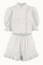 Stand Collar Puff Sleeve Ruffle Shorts Set