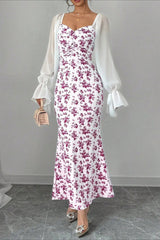 Chiffon Knit Patchwork V Neck Bodycon Floral Dress