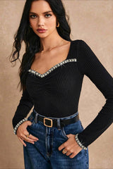 Rhinestone Trimmed Fitted Long Sleeve Tee