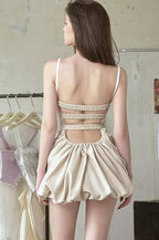Solid Ruched High Waist Sleeveless Cami Mini Dress