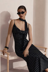 Elegant Polka Dot Cowl Neck Maxi Dress