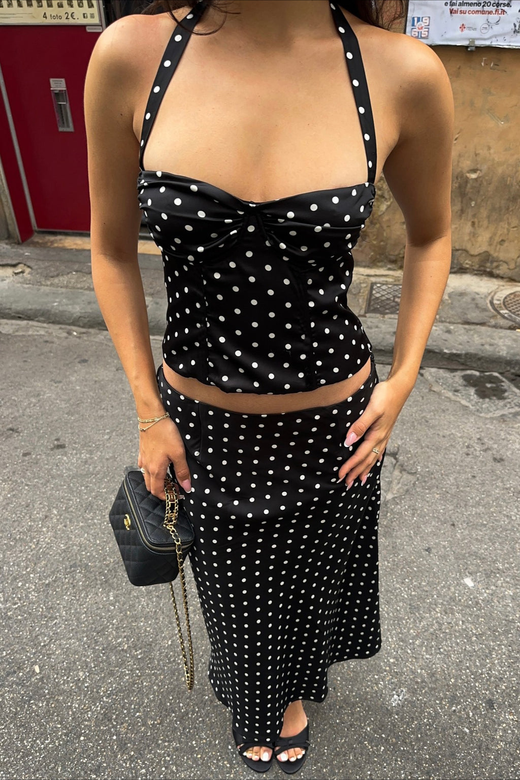 Polka Dot Halter Cami Straight Maxi Skirt Set