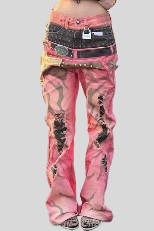 Pink Graphic Double Waist Flared Jeans Main image