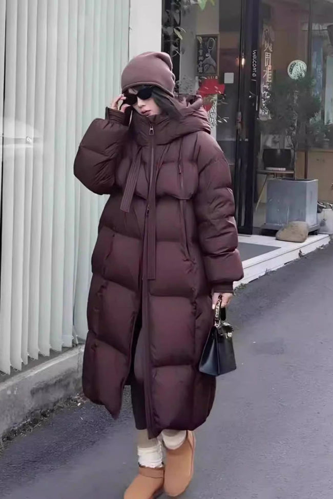 Trendy Long Hooded Puffer Jacket M / Brown Main image