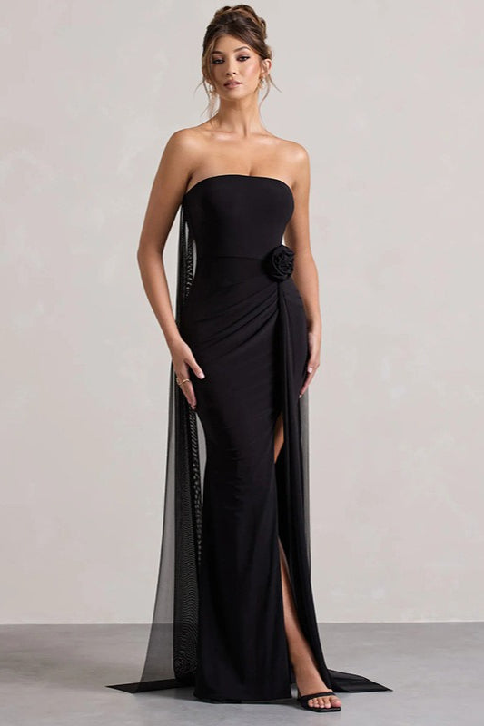 Strapless Floral Tie Maxi Dress S / Black