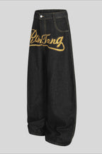 Gold Script Embroidered Barrel Leg Jeans