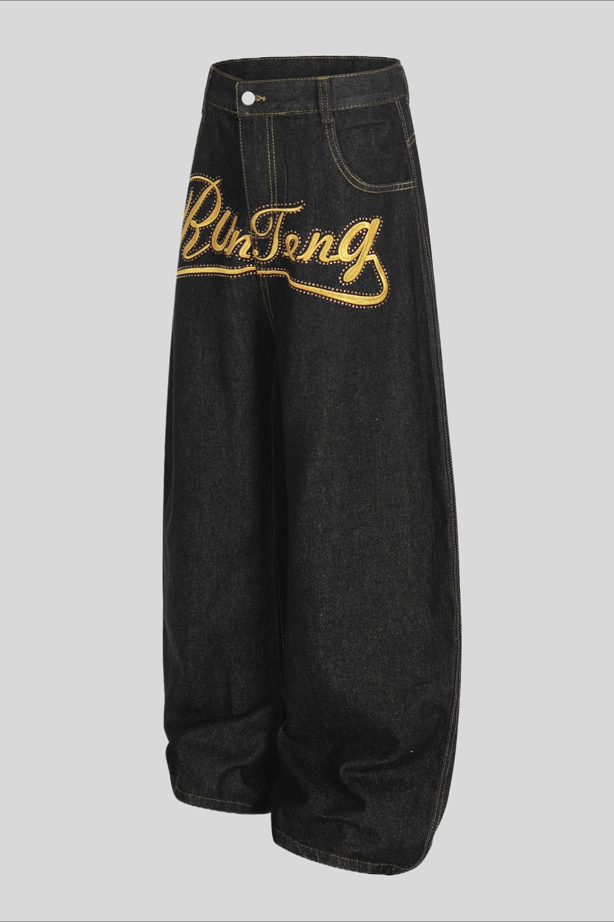 Gold Script Embroidered Barrel Leg Jeans