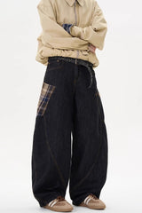 Plaid Patchwork Slouchy Retro Curved Denim Jeans