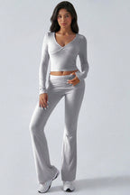 Casual V Neck Flared Stretch Two Piece Pants Set