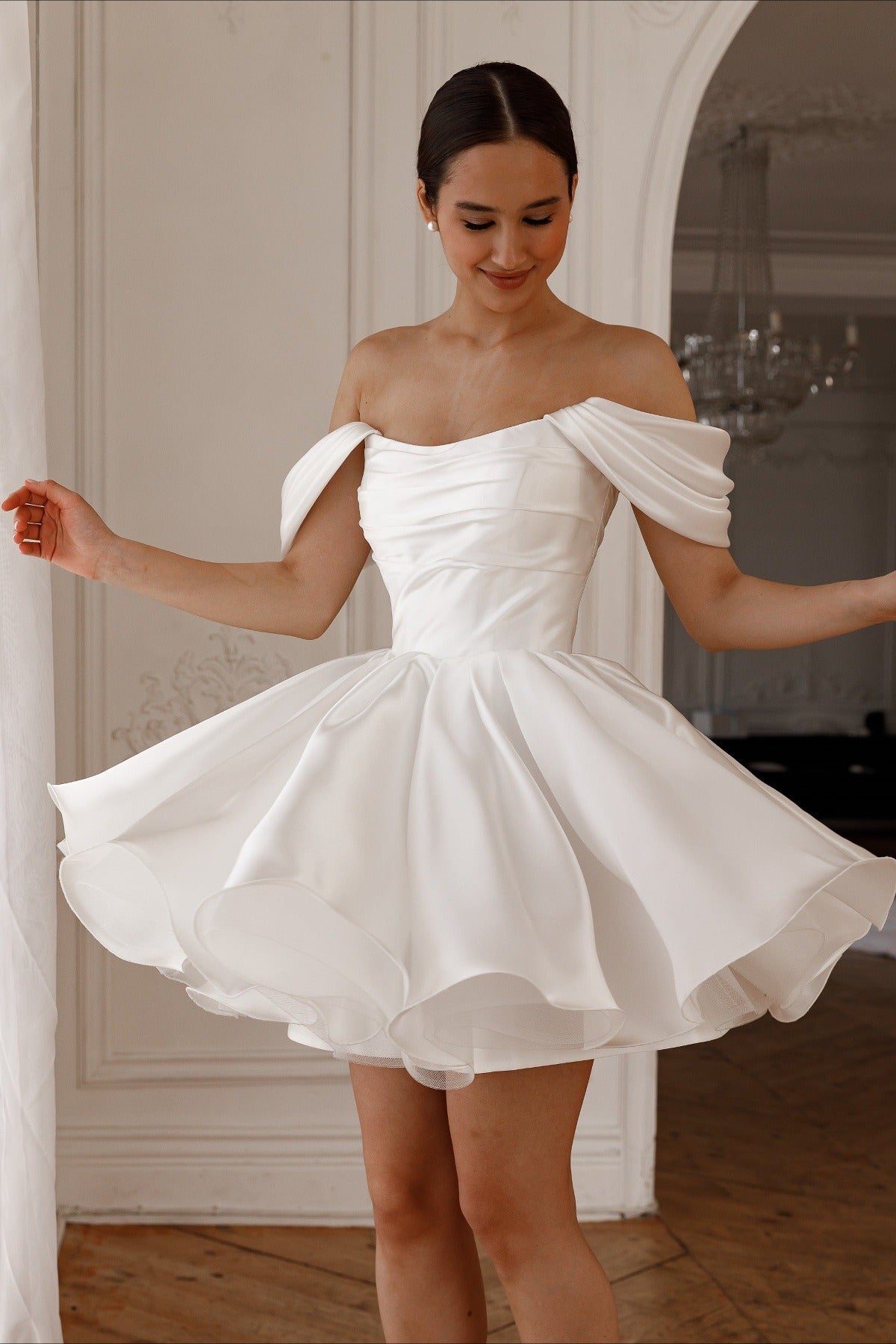 Off Shoulder Satin A Line Cocktail Dress