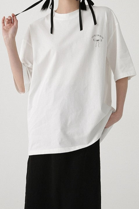 Cotton Bow Print Minimalist Short Sleeve Tee