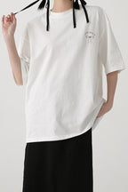 Cotton Bow Print Minimalist Short Sleeve Tee