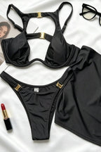 Hollow Out Black Halter Three Piece Swim Set