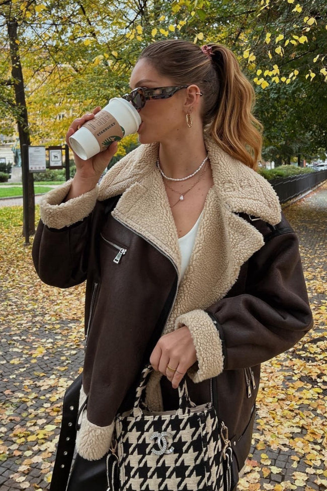 Multi Zip Faux Shearling Longline Jacket Main image