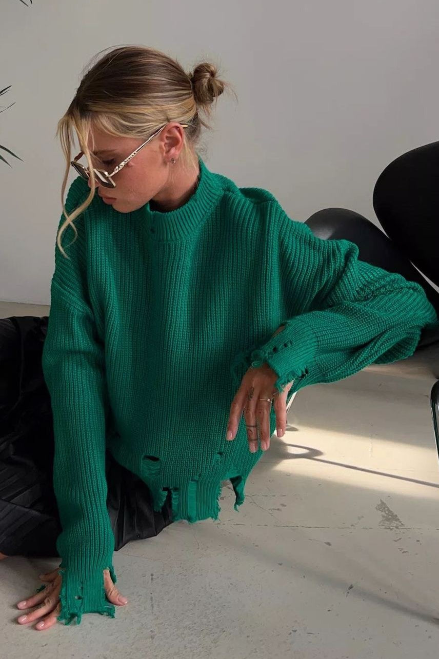 Edgy Distressed Crew Neck Solid Sweater Secondary image