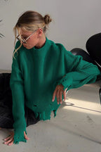 Edgy Distressed Crew Neck Solid Sweater