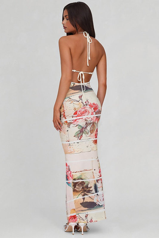 Printed Halter Patchwork Knit Slim Long Floral Dress Secondary image