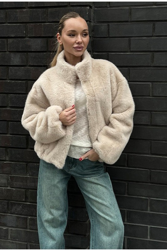 Stand Collar Faux Fur Cropped Jacket Secondary image