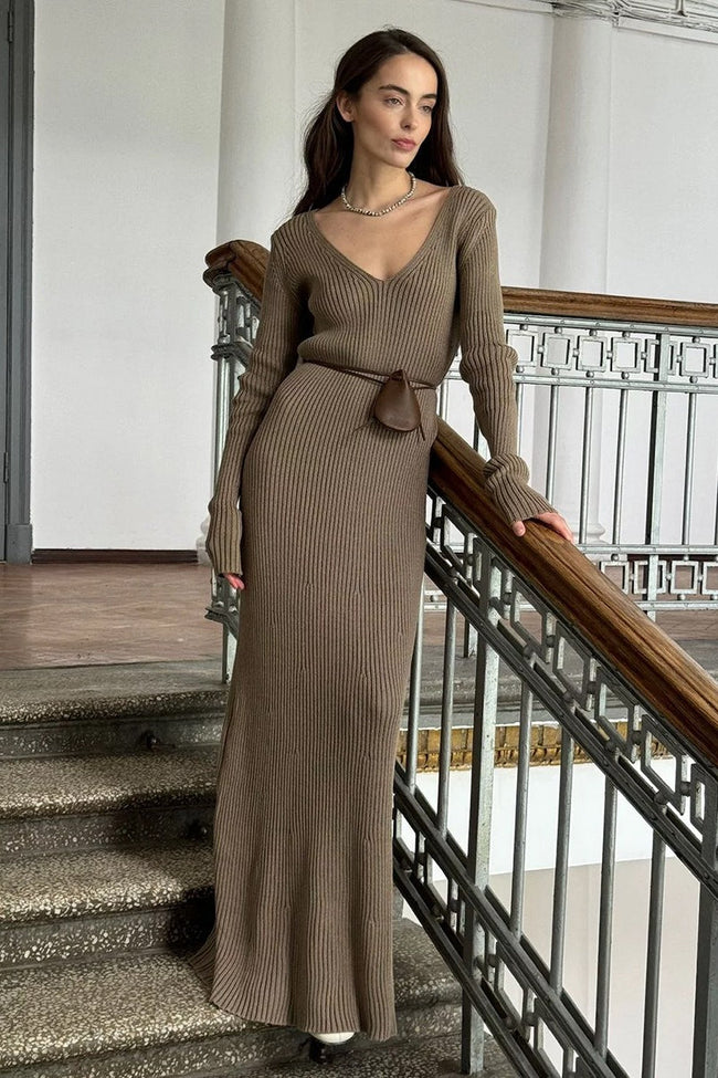 V-Neck Long Sleeve Knit Sweater Dress S / khaki Main image