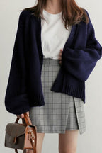 ropped Relaxed Cardigan Navy blue / One Size