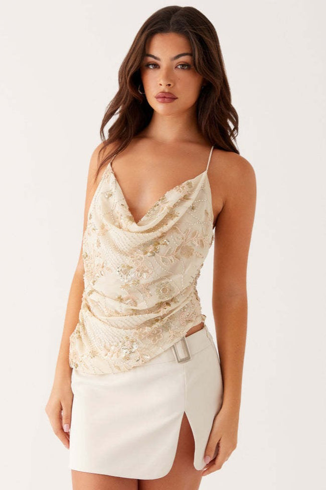 Printed Sequin Back Tie Tank Top Main image