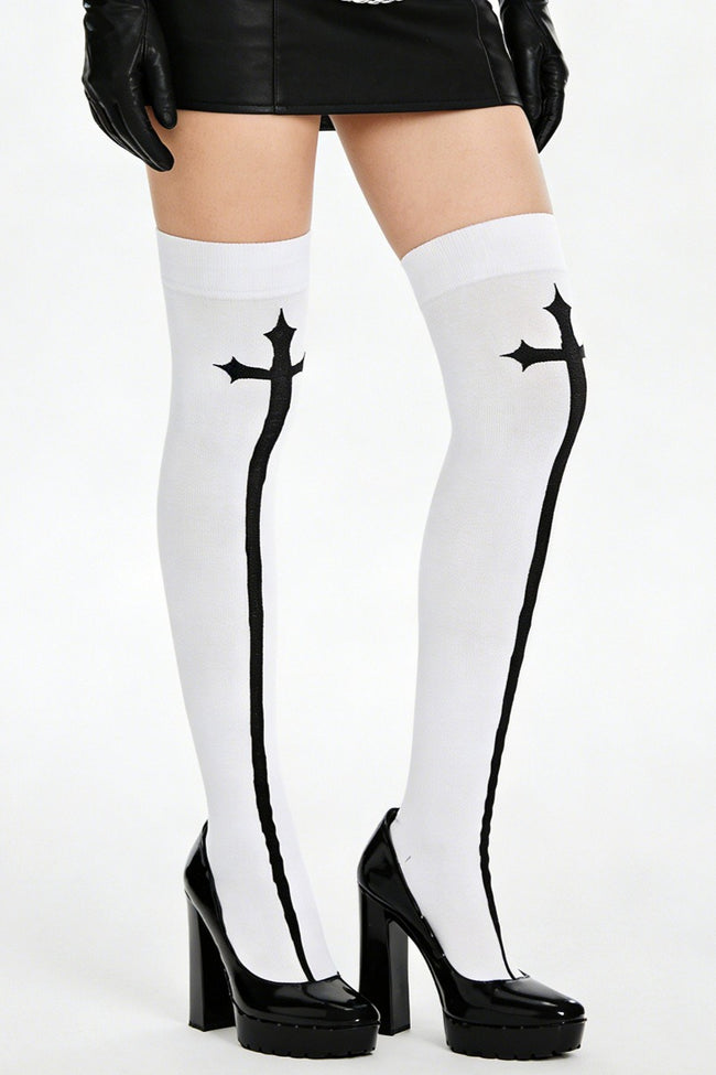 Gothic Cross Black White Thigh-High Stockings Main image