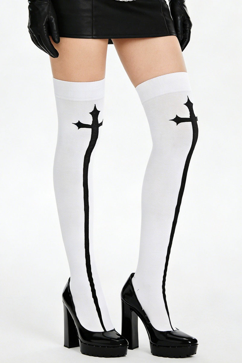 Gothic Cross Black White Thigh-High Stockings Main image