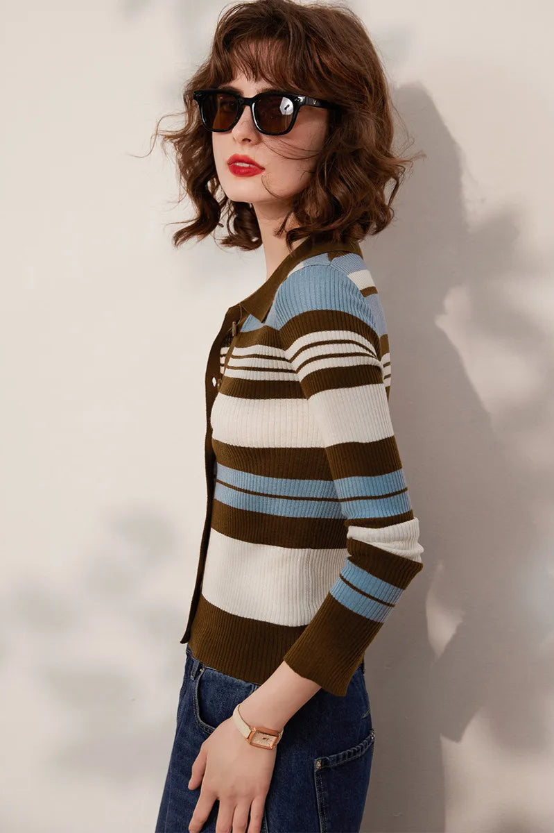 Striped Knit Turn down Collar Cardigan