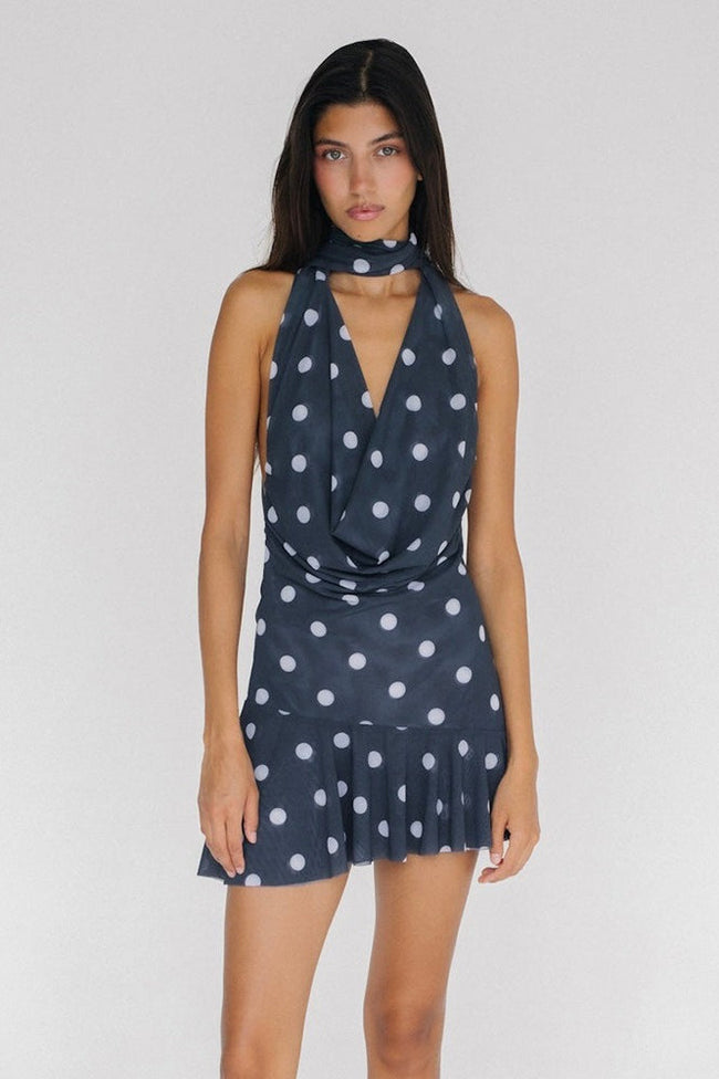 Polka Dot Halter Backless Mesh Mini Dress Main image
