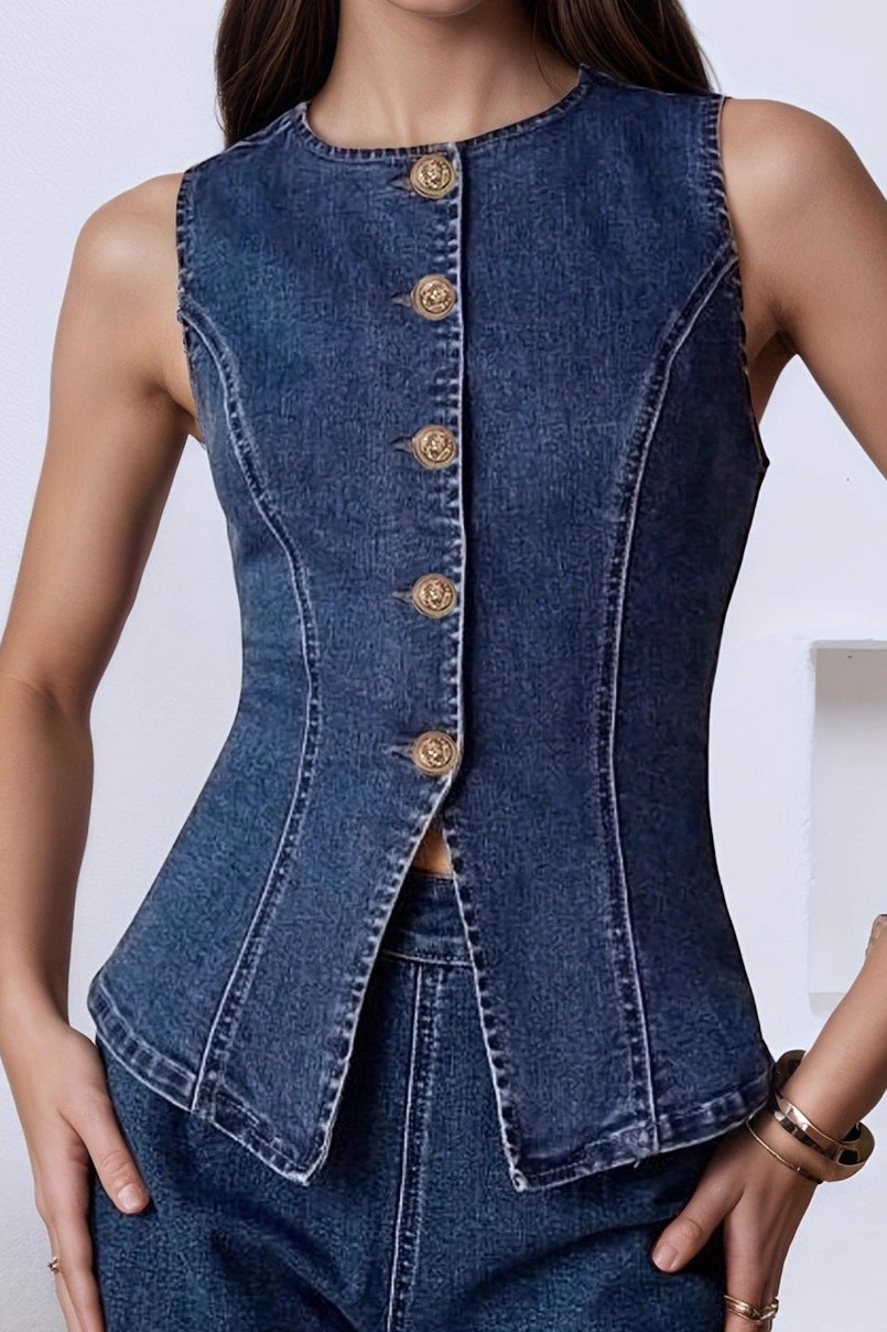 Floral Button Fitted Denim Vest Tank Top