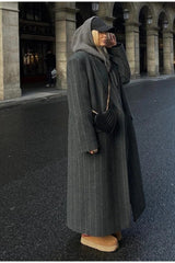 Wool Stripe Notch Collar Long Overcoat