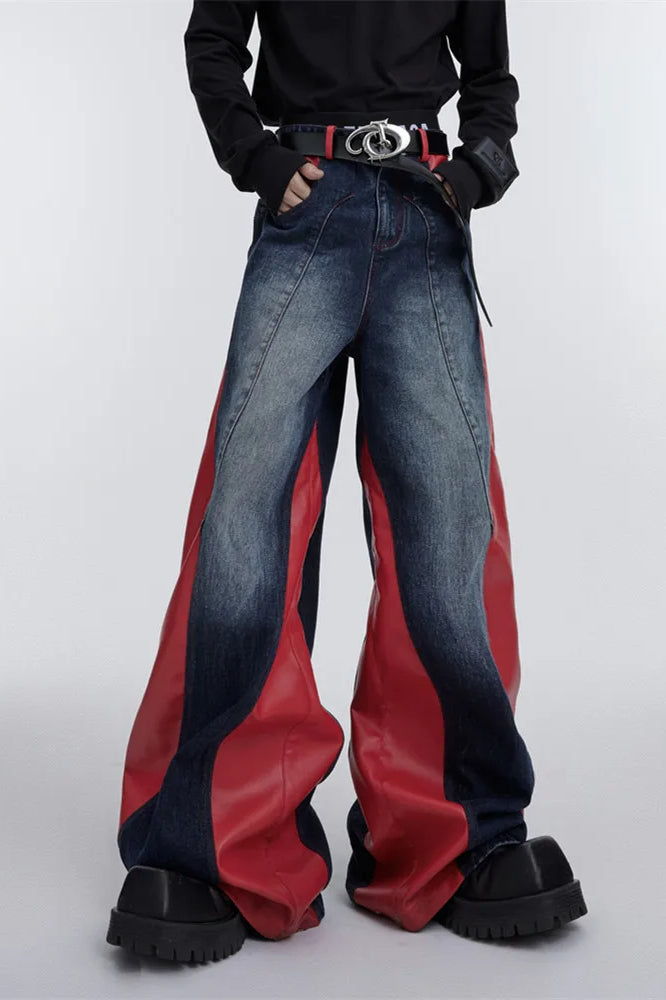 Wide Leg PU Leather Patchwork Jeans Red / M Main image