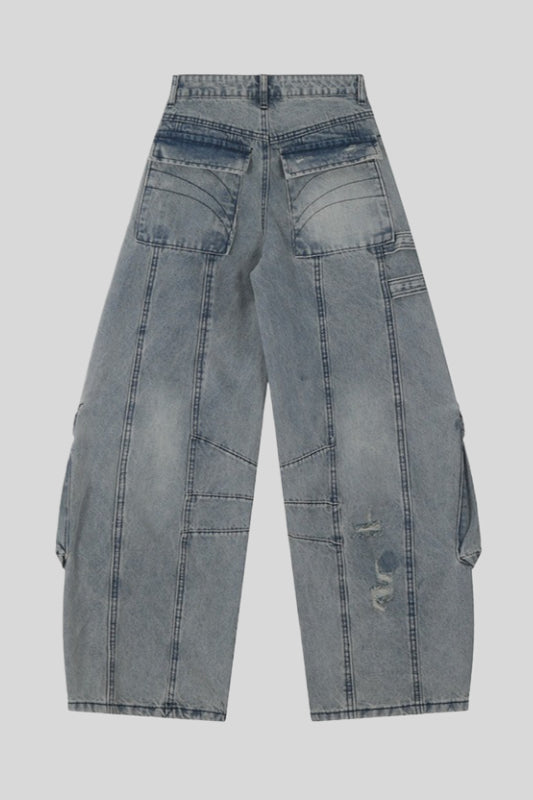 Washed Buckle Cargo Wide Leg Jeans