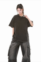 Studded Distressed Collar Washed Oversized Tee