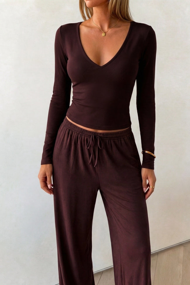 Brown Deep V Fitted Active Pants Set Main image