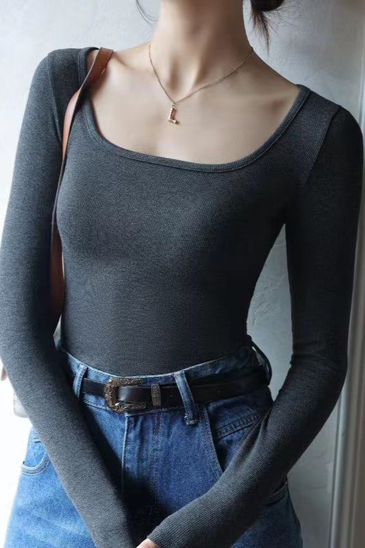 Square Neck Ribbed Stripe Panel Knit Top Main image