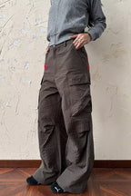 Red Embroidered Wide Leg Cargo Pants