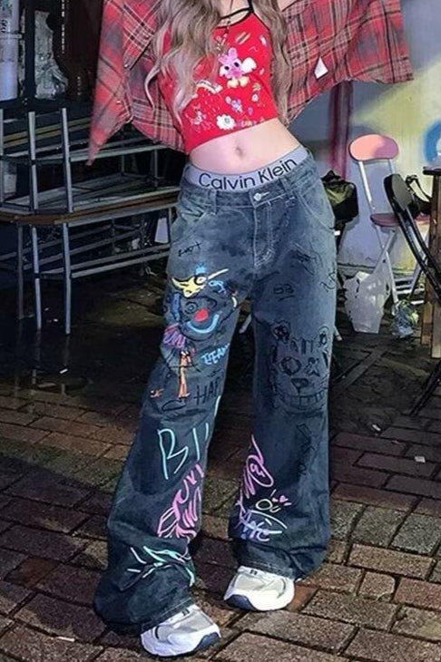 Graffiti Print Baggy Wide Leg Denim Jeans