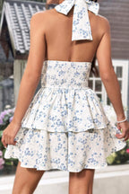 Double Layer Ruffle Strap Backless Mini Floral Dress