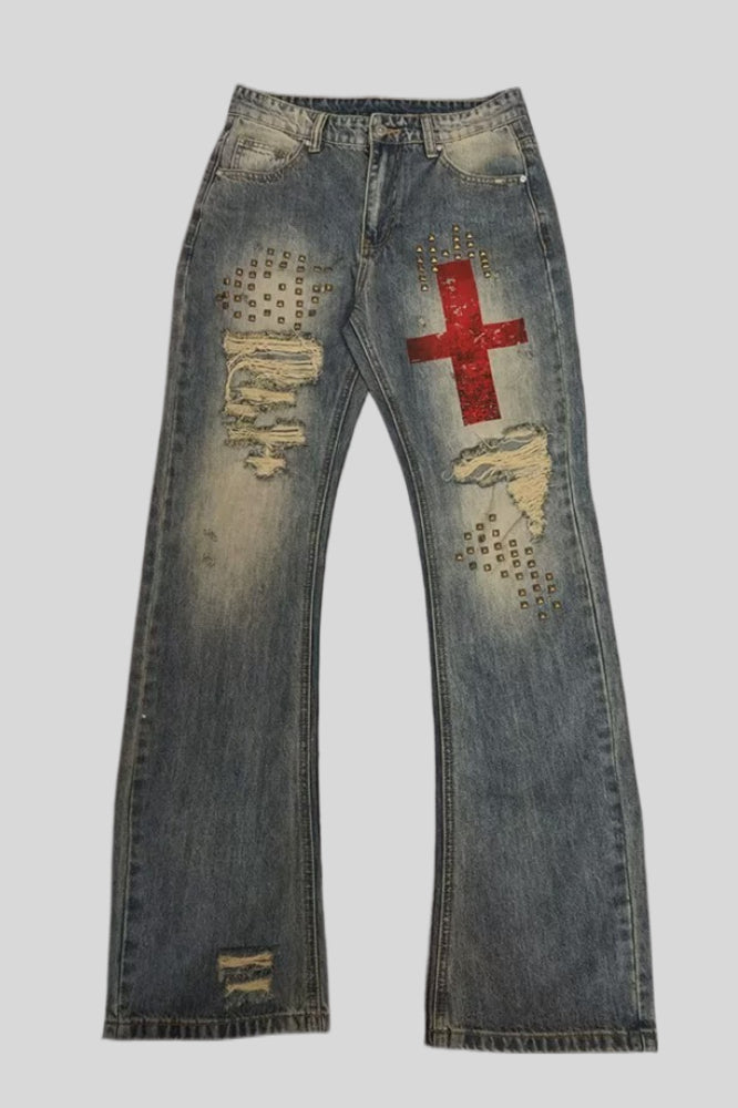 Studded Ripped Micro Flared Jeans