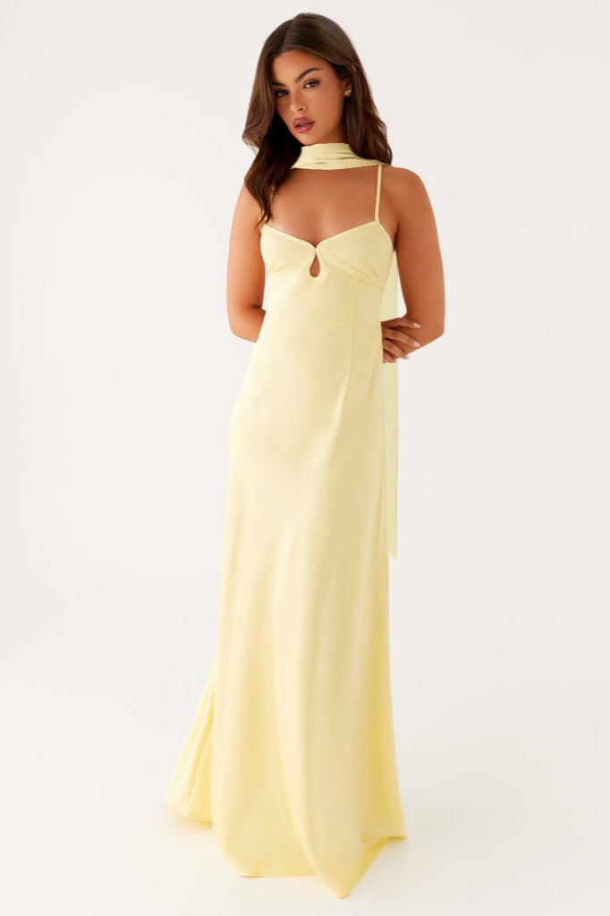 V Neck Tie Back Satin Maxi Dress S / Yellow Main image