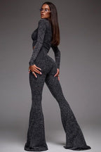 Sexy Zip Front Crop Top Flared Pants Set