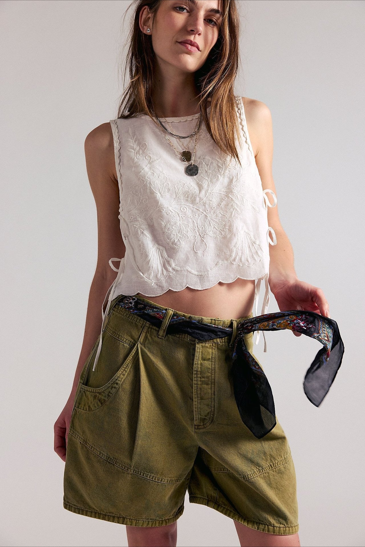 Utility Pockets Washed Denim Bermuda Shorts