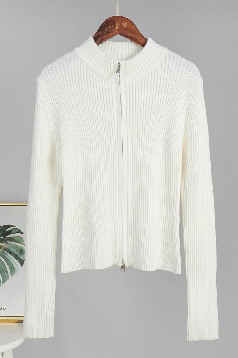 Double Zip Slim Knit Cardigan White / S