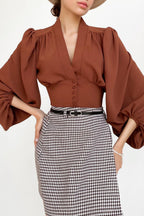 V Neck Lantern Sleeve Slim Blouse