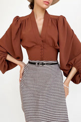 V Neck Lantern Sleeve Slim Blouse