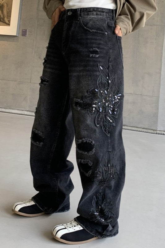 Black Washed Graffiti Faux Ripped Relaxed Straight Jeans Main image